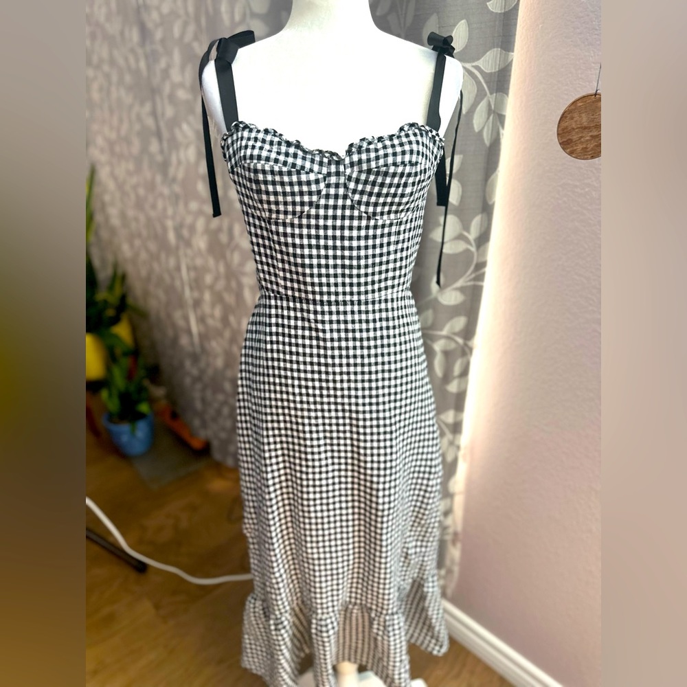 Reformation black white checkered dress bow tie straps size 8